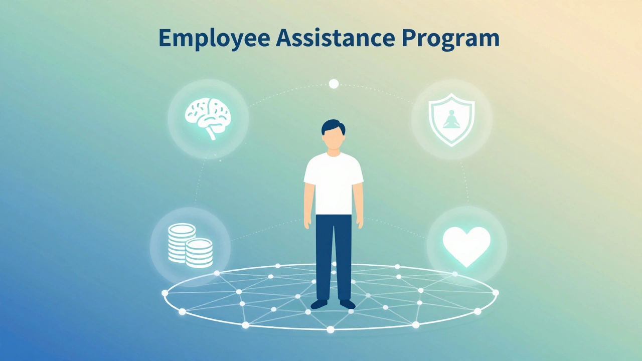 Illustration of a person supported by icons for mental, legal, and financial help.