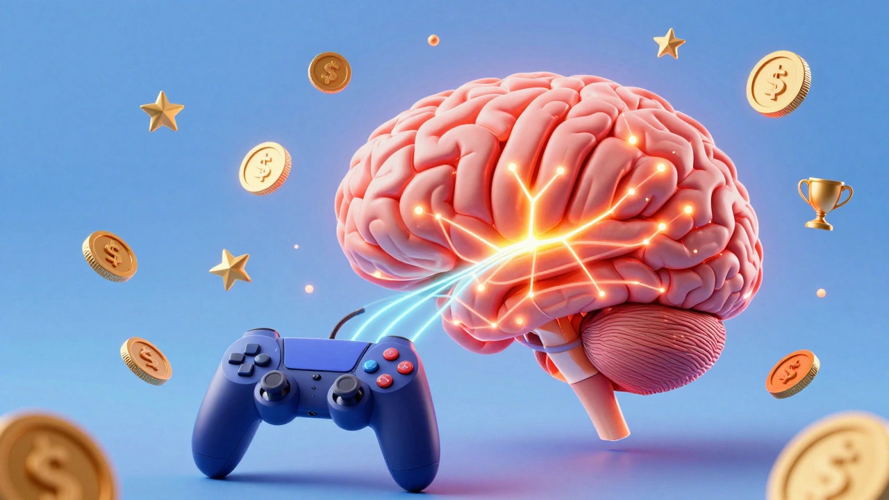 Illustration of brain neural pathways connected to video game rewards