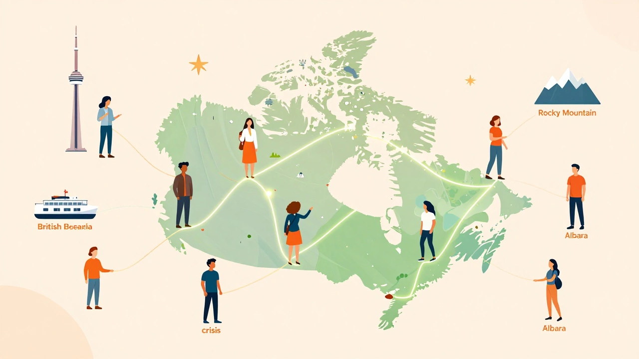 Illustration of people connected to Canadian provinces via support lines
