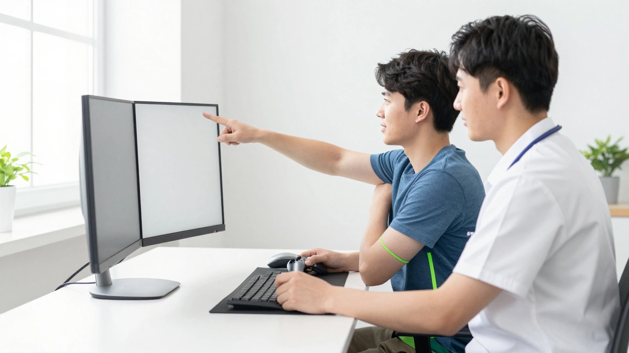 Occupational therapist adjusting monitor height and checking ergonomic setup