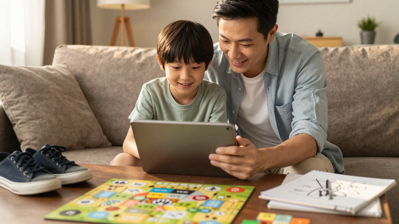 Parent and child happily reviewing content together on a couch