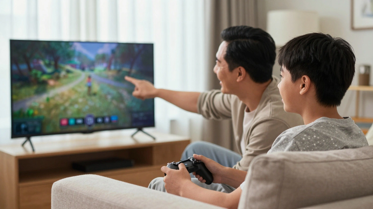 Parent and teen bonding over video games on a couch, emphasizing open communication.