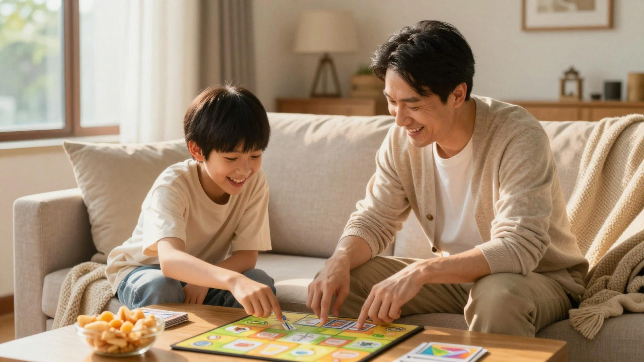 Parent and teen bonding while playing a board game without screens