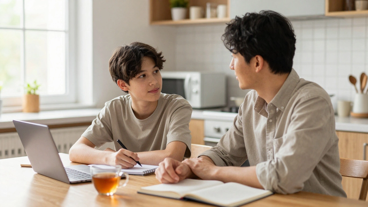 Parent and teen having a calm, supportive conversation at a sunlit kitchen table
