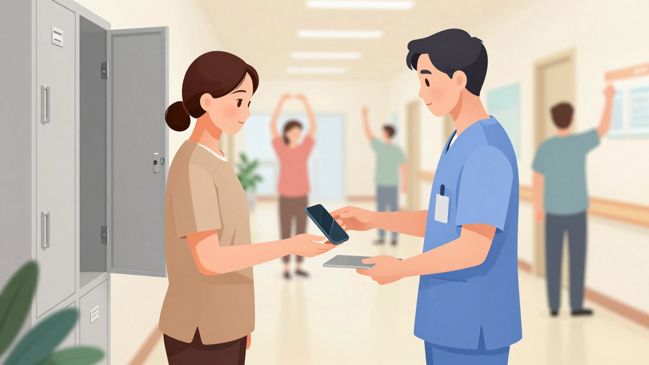 Patient surrendering electronic devices to staff at rehab facility