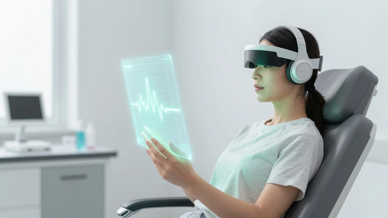 Patient using neurofeedback headset to regulate brain activity