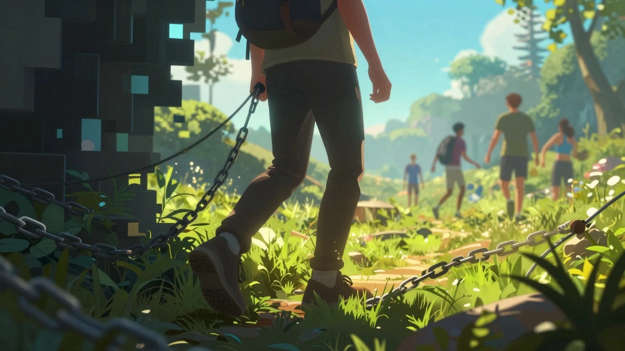 Person stepping out of digital darkness into bright nature with friends.