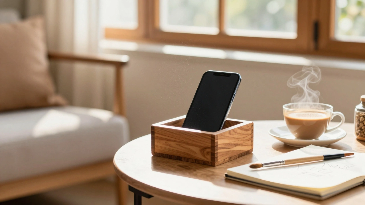 Phone in a box next to hobbies in a sunlit room