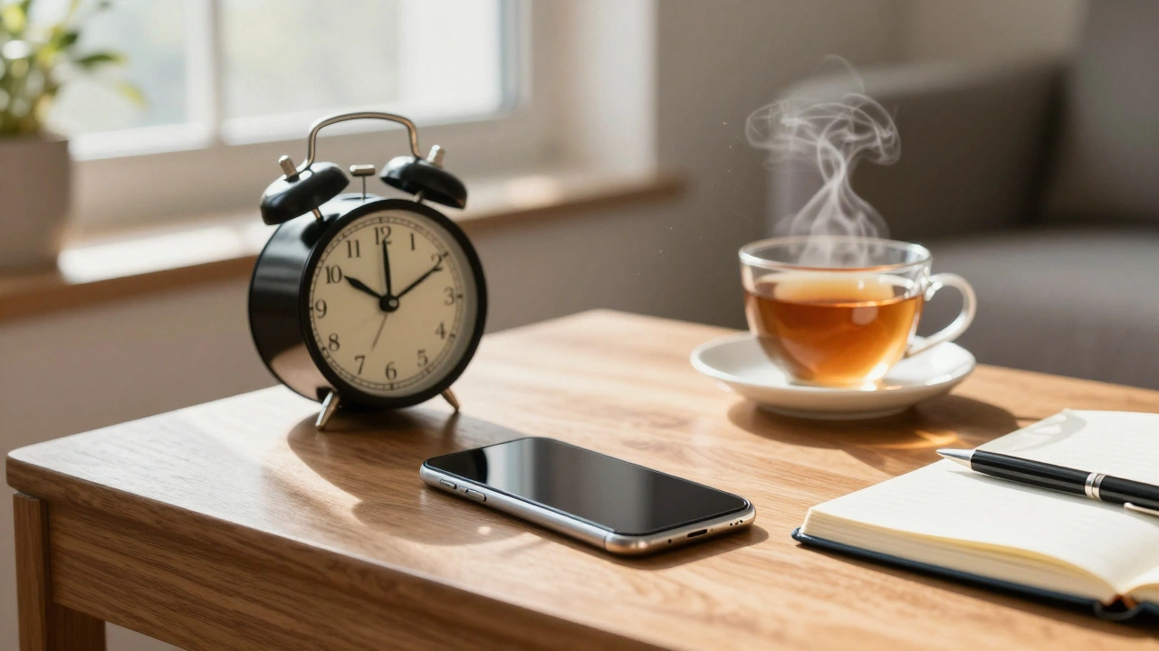 Phone set aside on table with alarm clock and journal