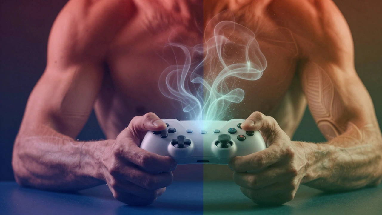 Relaxed hand holding controller with calming blue energy representing mindfulness