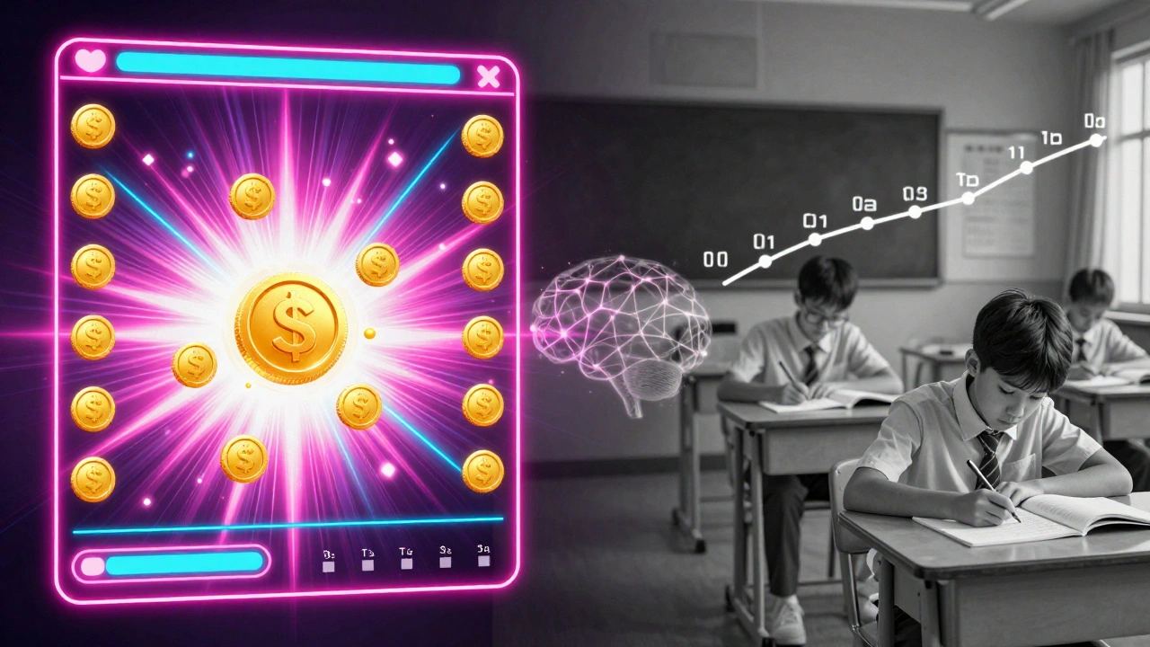 Split image contrasting instant neon game rewards with muted, slow-paced classroom study