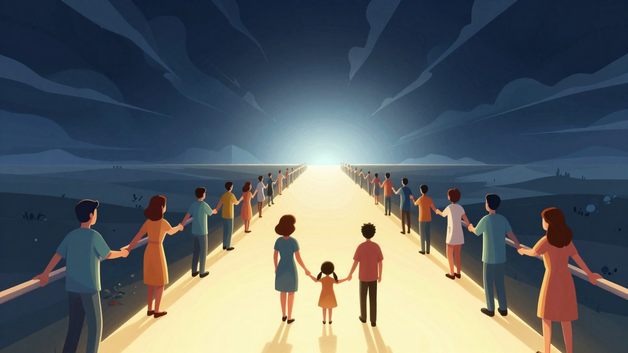 Symbolic illustration of people being guided from a dark crisis state toward light and stability through support.