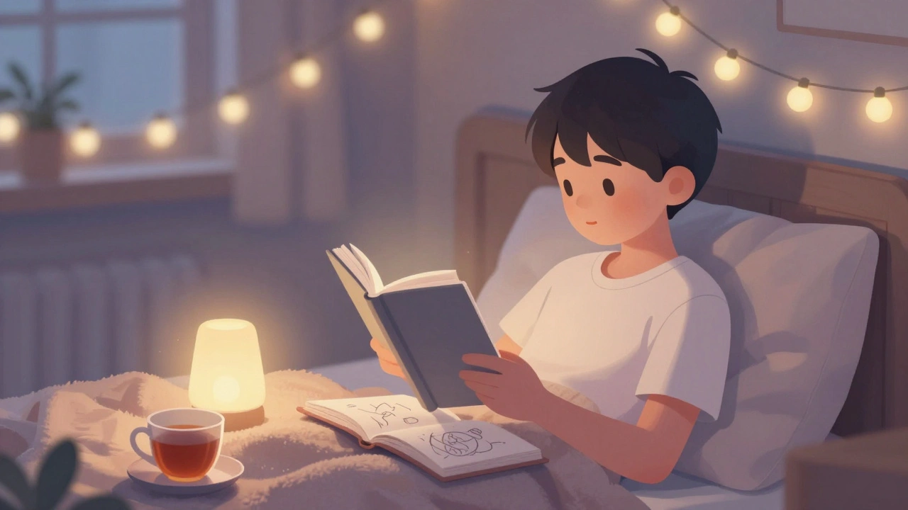 Teenager reading book in cozy, screen-free bedroom