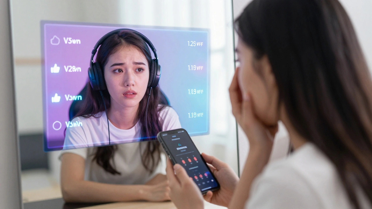 Tired woman seeing streamer avatar reflection, checking phone stats