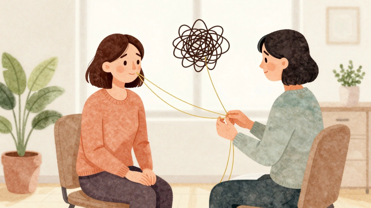 Watercolor illustration of therapy session untangling emotional stress