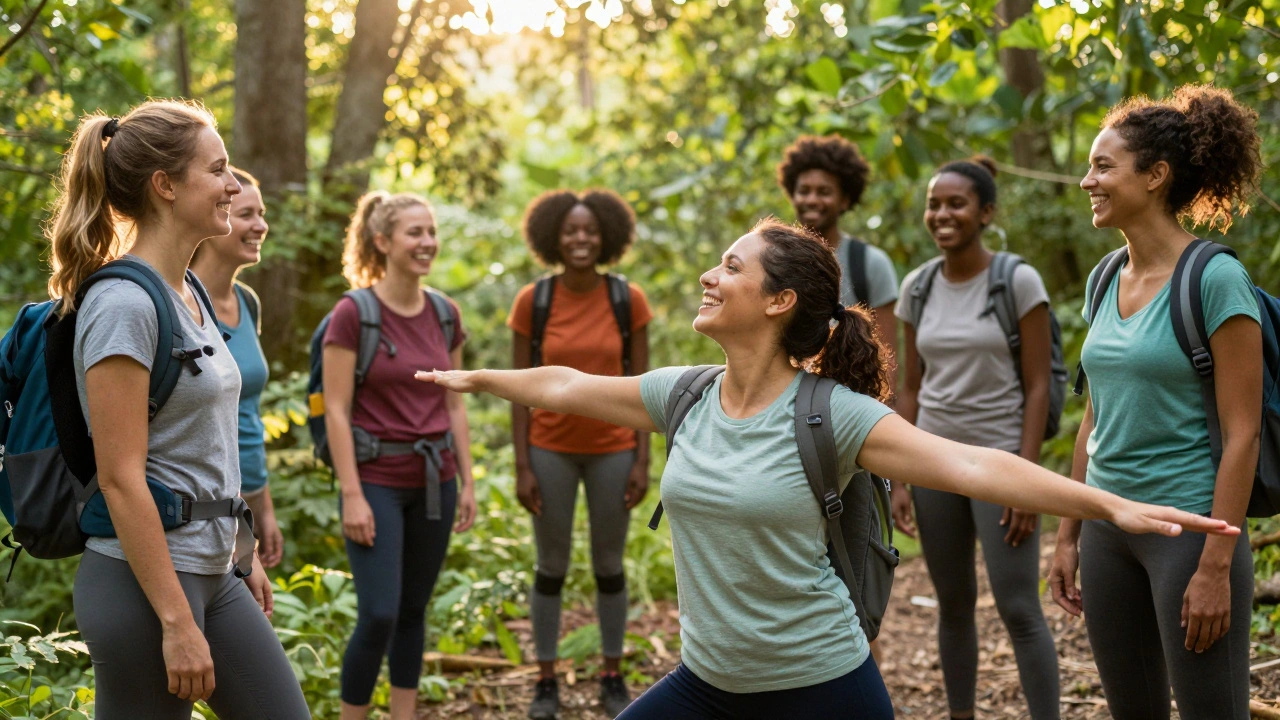Women hiking and connecting in nature during golden hour sunlight