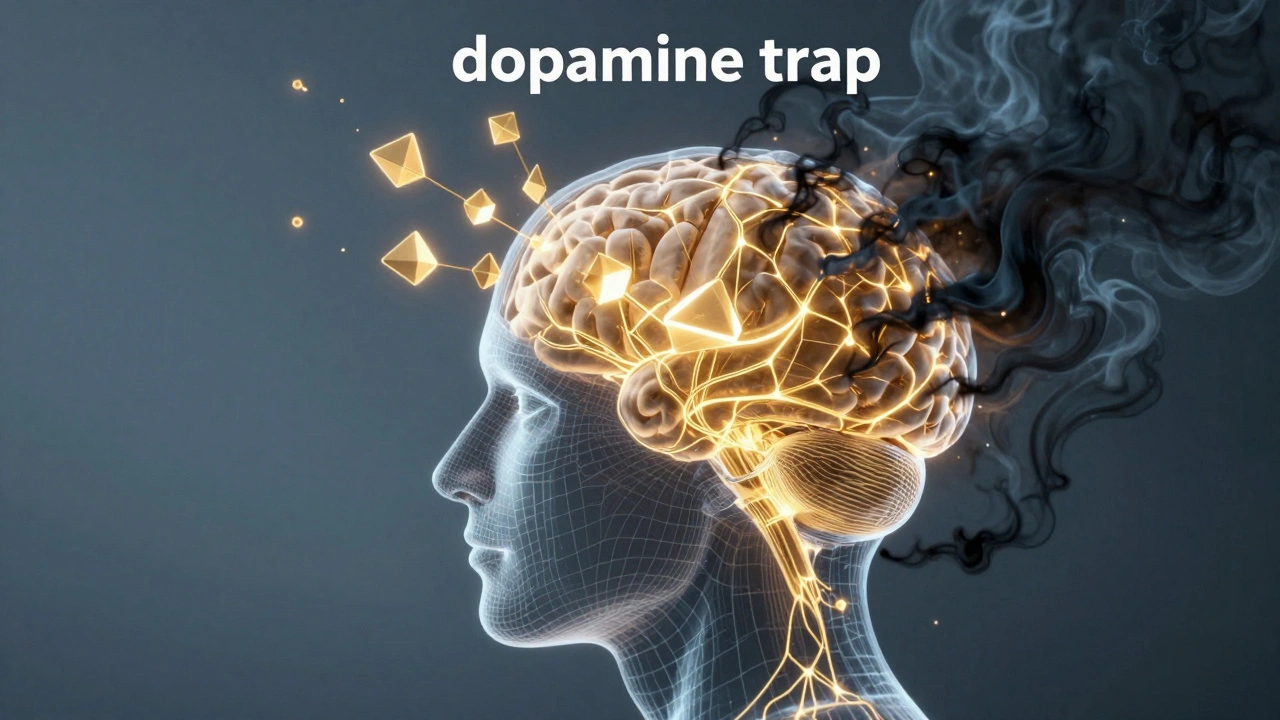 Abstract art showing brain receiving dopamine from games vs stress