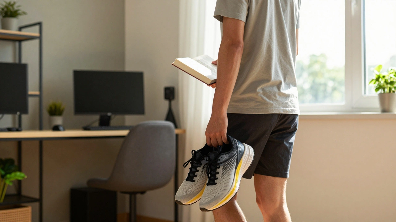 Person leaving gaming setup for sunlight, books, and exercise gear