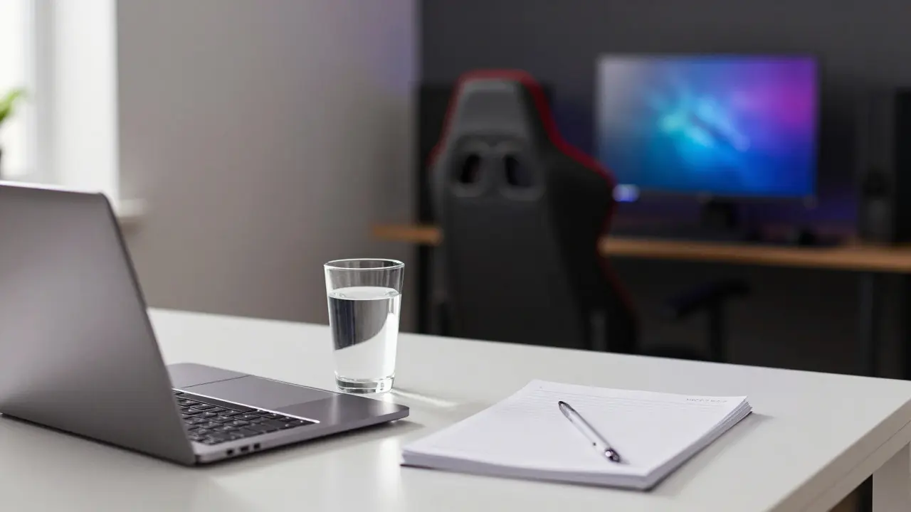 A clean workspace in the foreground with a distant, darkened gaming setup in the background.