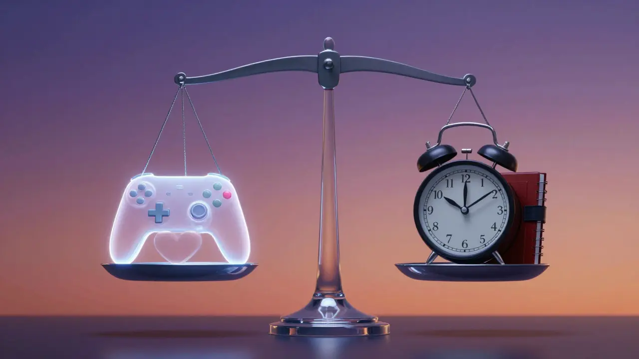 A conceptual glass scale balancing a game controller against an alarm clock and journal