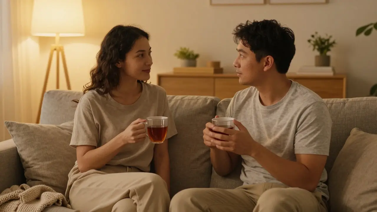 A couple talking warmly on a sofa with soft lighting and no electronic devices