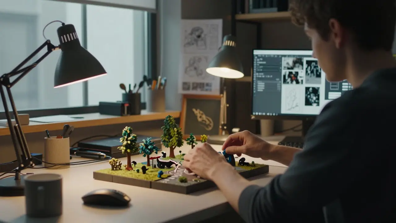 A designer working on a miniature model in a studio, representing game level design