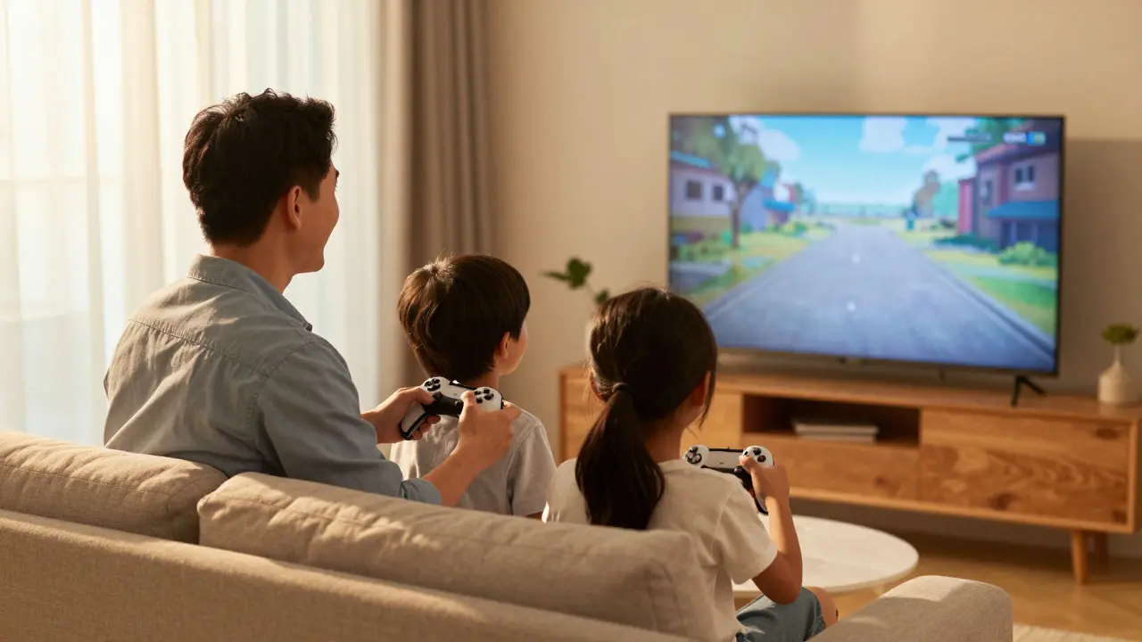 A father and children playing video games together on a couch
