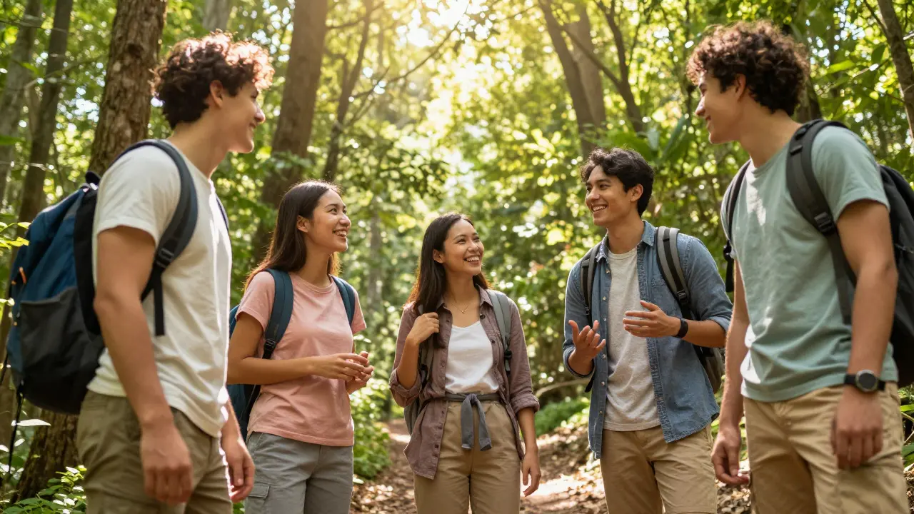 A group of friends hiking together in a sunny forest, laughing and talking
