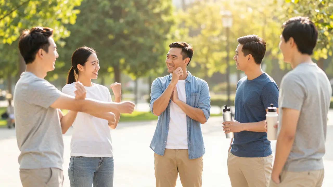 A group of men relaxing and talking outdoors in a sunny park