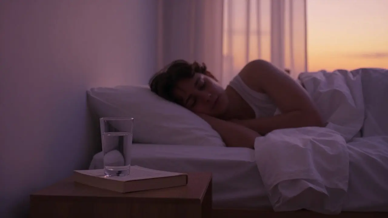 A peaceful bedroom at dusk with a person resting, illustrating improved sleep quality