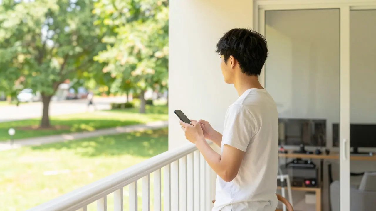 A person relaxing on a sunny balcony with a tidy home behind them, symbolizing rebalanced lifestyle and boundaries.