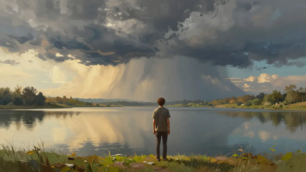 A person standing before a clearing storm, symbolizing the reduction of anxiety through focus