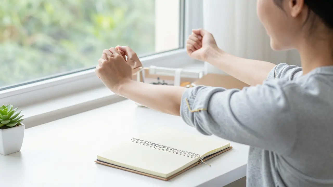 A professional taking a mindful stretch break in a calm, organized home office.