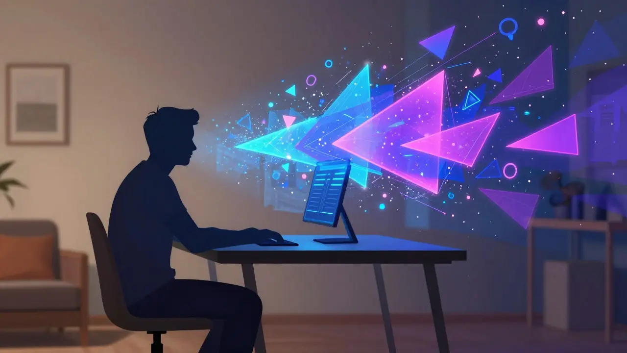 Abstract art showing a man's physical form blending into digital particles