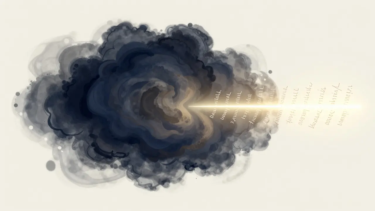 Abstract art showing chaotic ink transforming into structured light lines