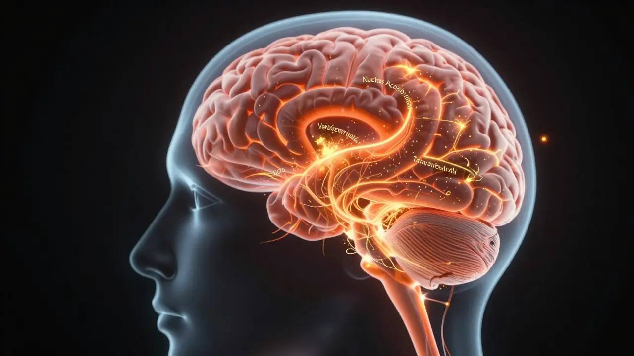 Abstract glowing visualization of brain regions active during dopamine release