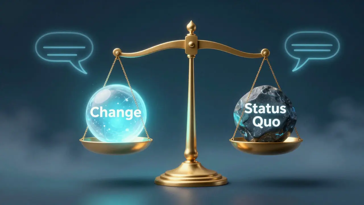 Abstract illustration of a balance scale tipping toward change amidst swirling light