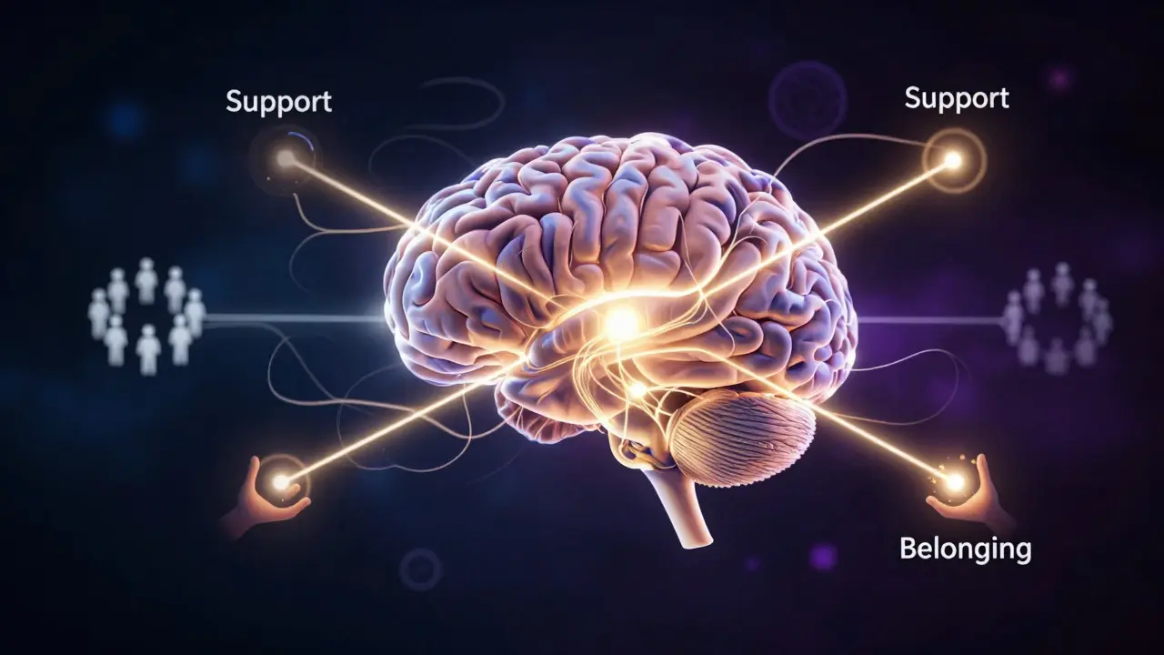 Abstract illustration of a brain connected by glowing threads of support