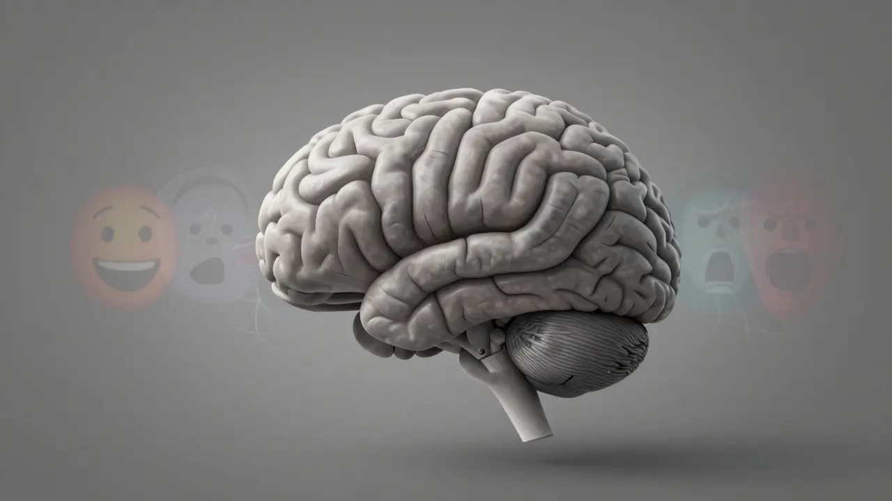 Abstract illustration of a brain with fading emotional signals