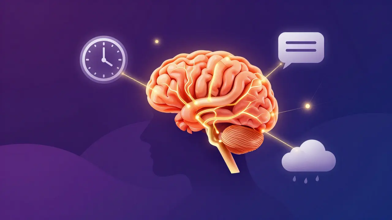 Abstract illustration of a brain with glowing neural pathways and trigger icons