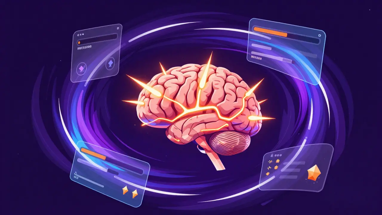 Abstract illustration of brain and gaming mechanics forming a loop