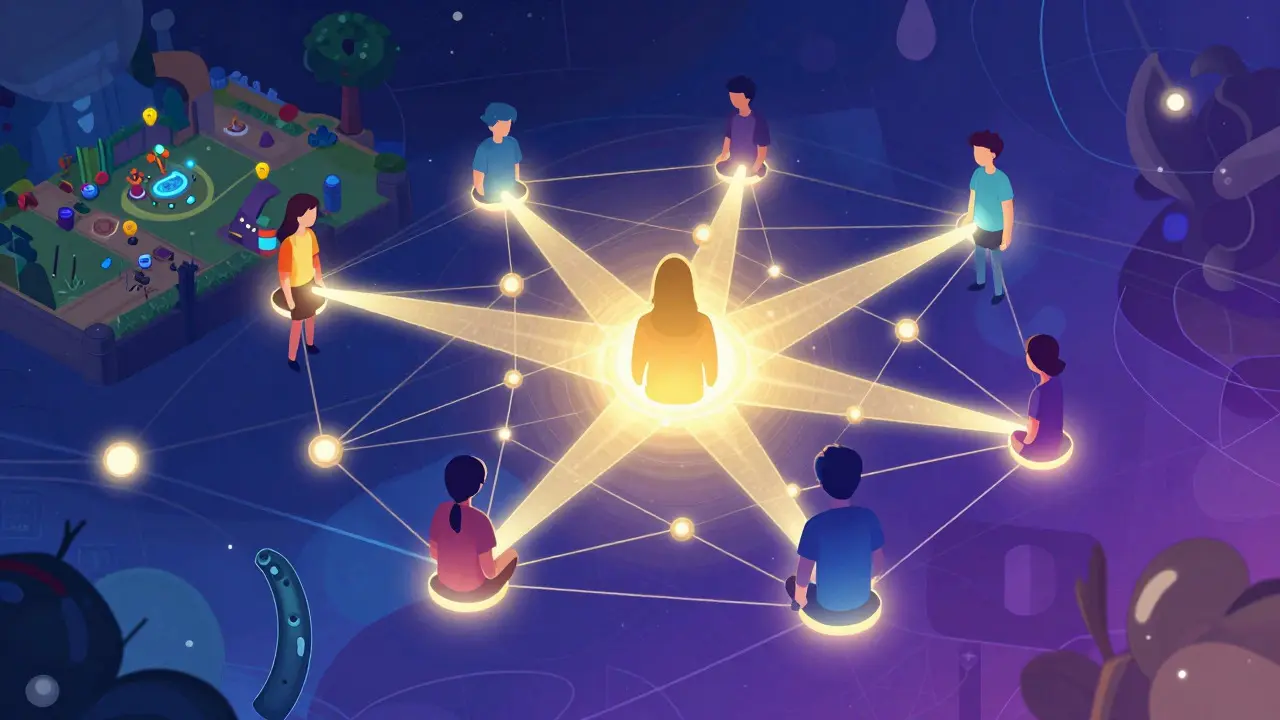 Abstract illustration of connected digital avatars representing online gaming communities