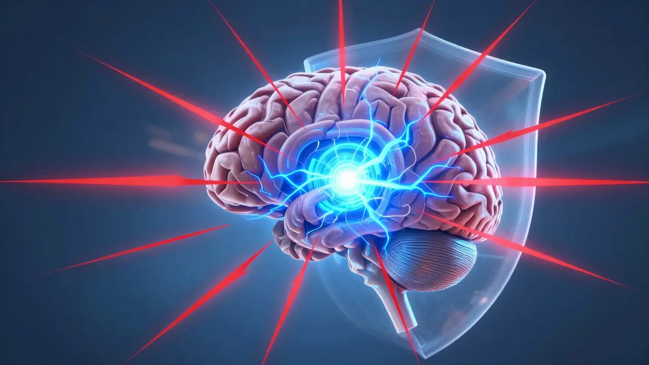 Abstract visualization of brain error detection with glowing blue and red neural signals