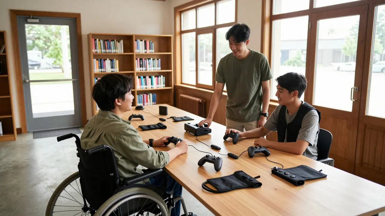 Accessible library corner with adaptive gaming gear laid out on a table for testing