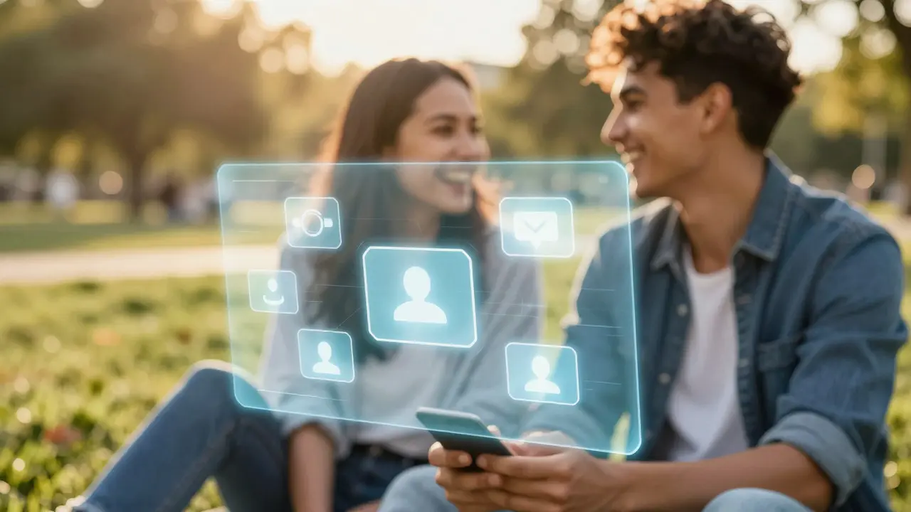 An artistic contrast between a glowing digital screen and friends laughing in a sunny park
