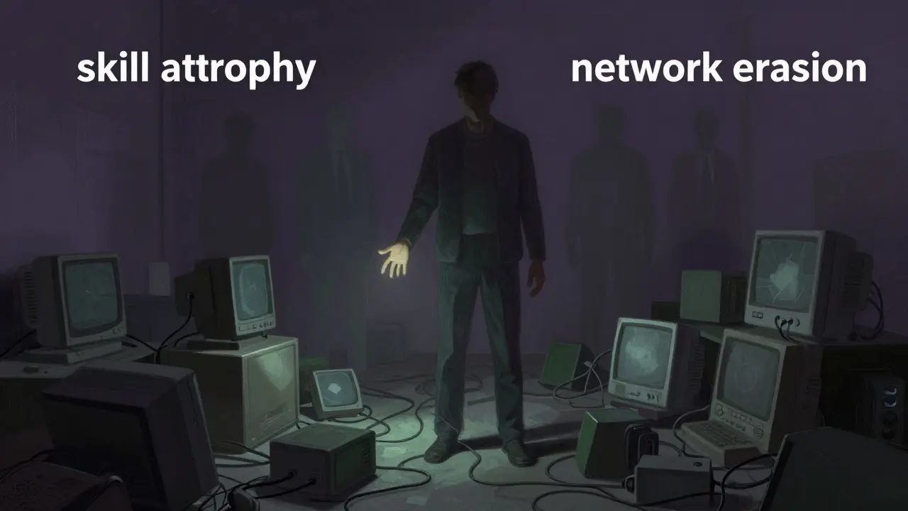 An artistic depiction of a person isolated in a room with fading figures representing lost connections