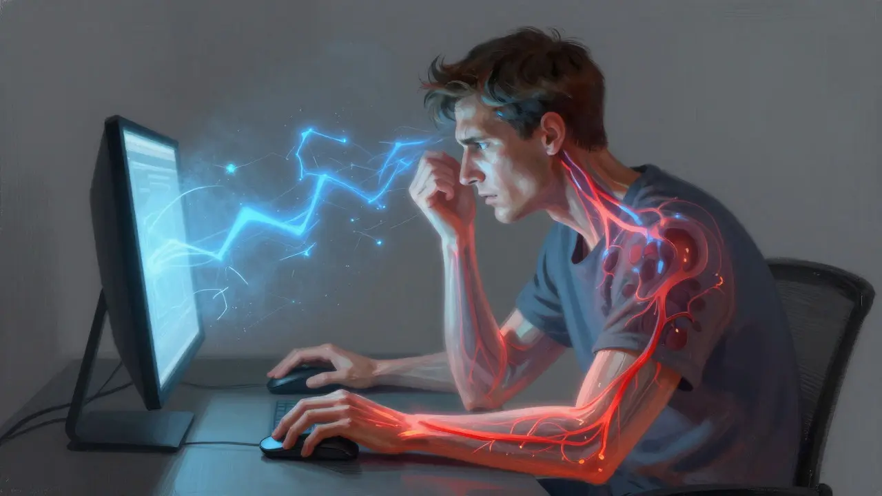Artistic depiction of a gamer experiencing physical pain and mental stress