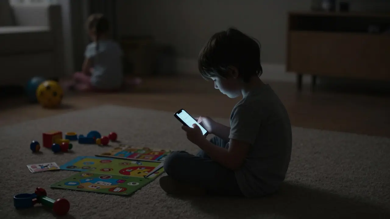 Child playing alone on a mobile phone in a quiet, dimly lit room