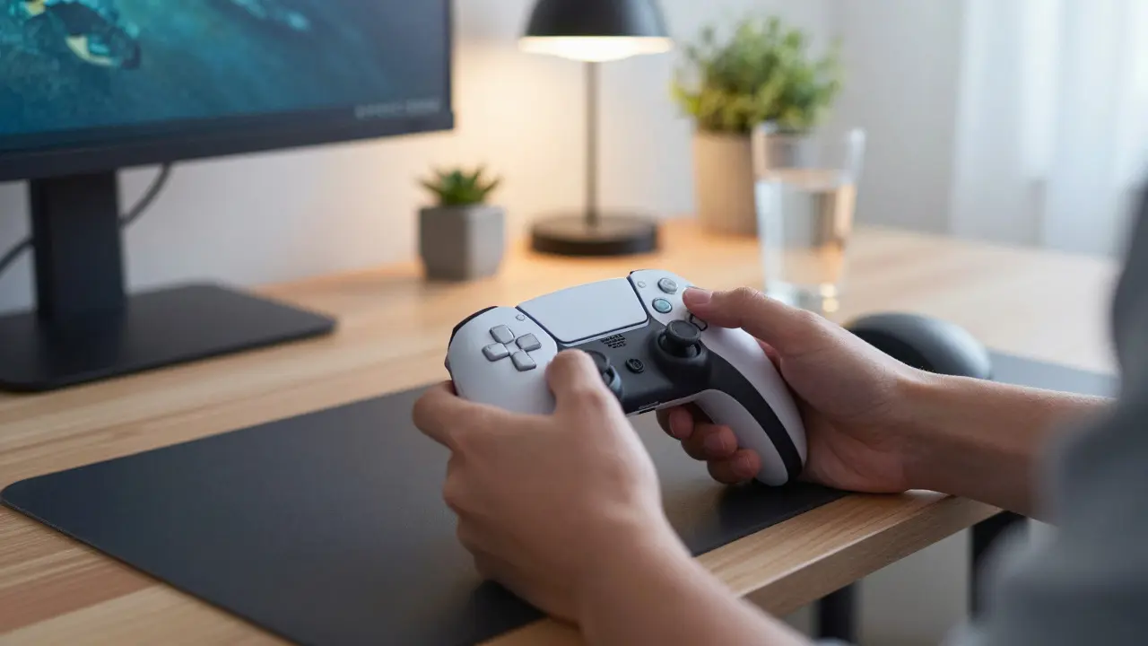 Close-up of a hand holding a game controller on an ergonomic desk with water and plants