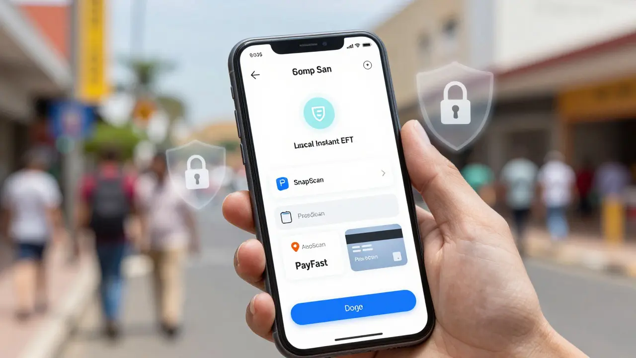 Close-up of a smartphone showing local payment options with holographic privacy shields in a city setting